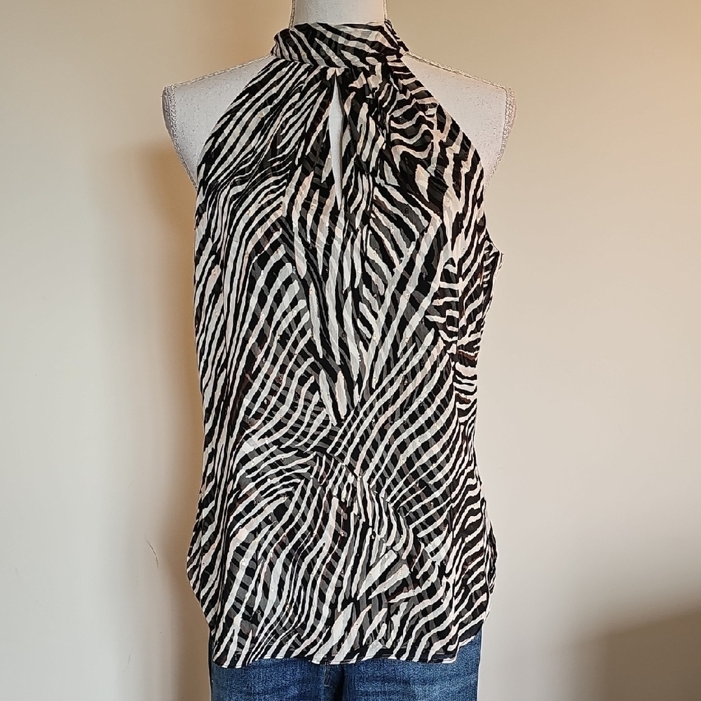 White House Black Market Ecru and Black Halter Top